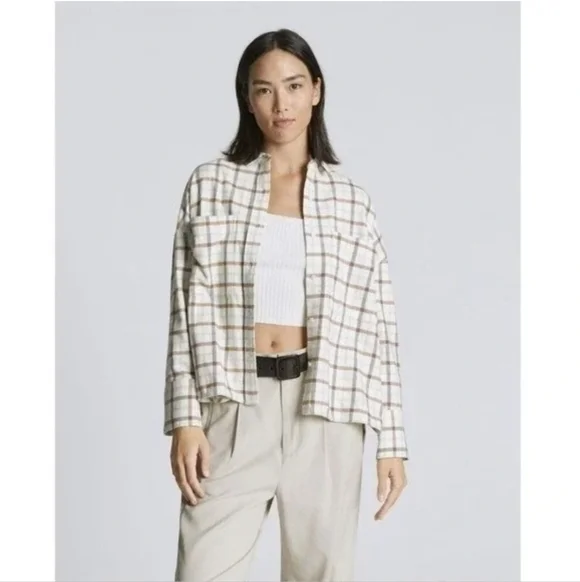 Everlane Boxy Flannel Cream Brown Plaid Button Down Shirt Sz Women's Medium NWT - Picture 1 of 13